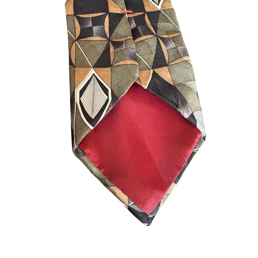 L'Atelier Men's Geometric Neck Tie Green Black Tan Abstract USA Made 58